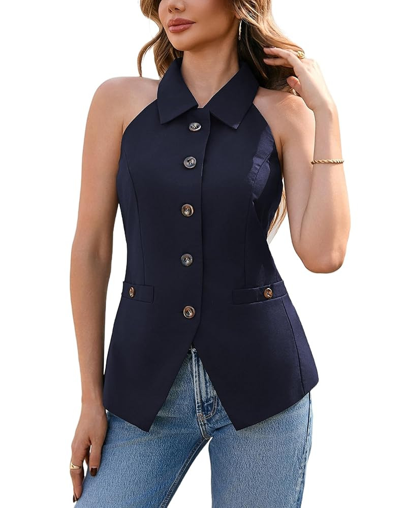 Women's Halter Neck Vest Lapel Collar Button Down Sleeveless Blazer Vest Business Casual Tops | Amazon (US)