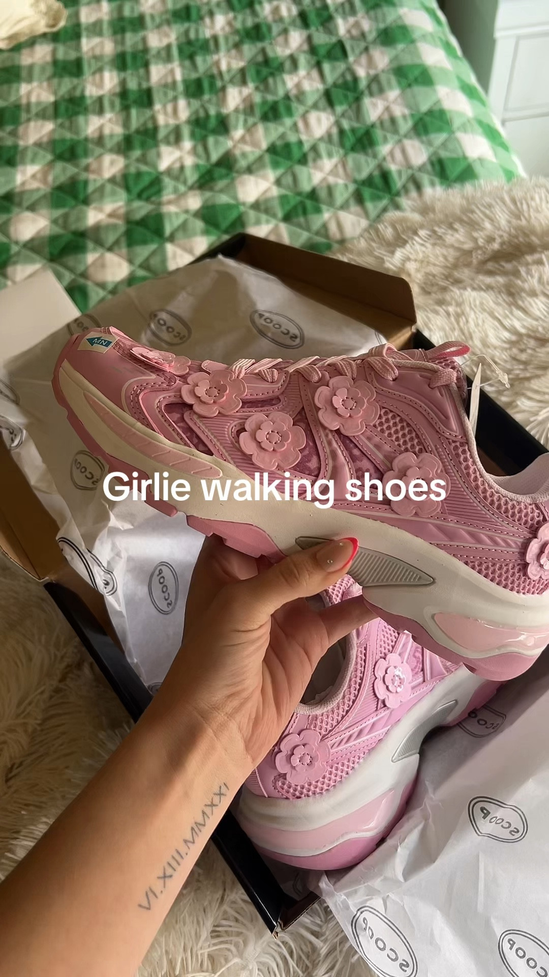 The cutest and girliest walking shoes I’ve ever seen!!  Under $40 from Walmart and they come in black too #walmart #walkingshoe #pinkshoes ￼