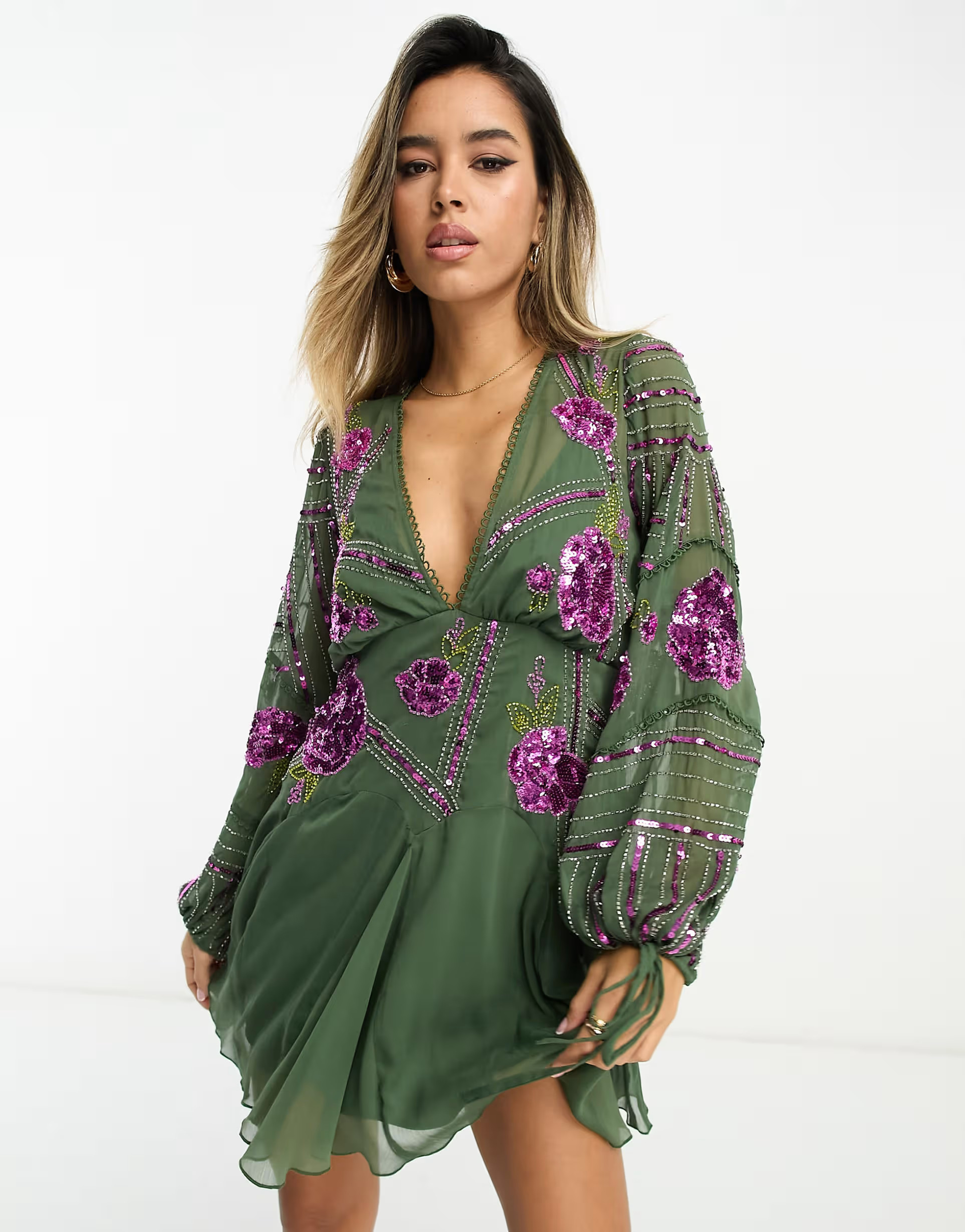 ASOS DESIGN long sleeve embellished lace insert mini dress with godet in green | ASOS (Global)