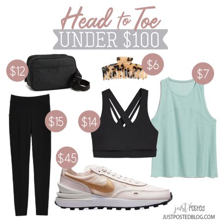 Love when a look includes a pair of Nike sneakers! Loving this light pink pair with a gold swish. This color is on sale for only $45! Originally $105!!!! Use the code HURRY to drop the price on the leggings and claw clip! Great casual outfit. 

#LTKshoecrush #LTKsalealert #LTKunder100