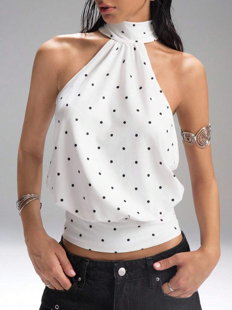 LYSMO Summer Women's Polka Dot High Collar Zipper Knitted Halter Top, Sleeveless, Minimalist, Cas... | SHEIN