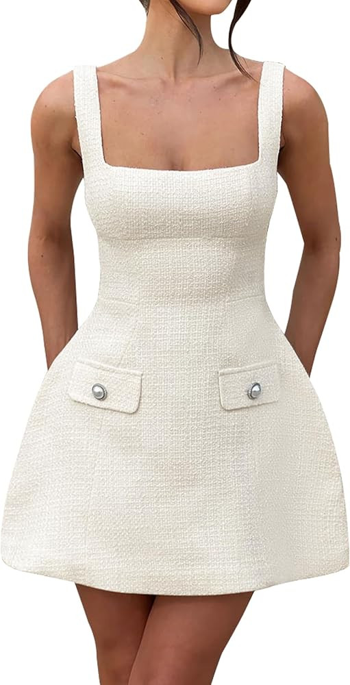 SHESEEWORLD Women's Sleeveless Tank Dress Square Neck Adjustable Straps Backless Mini Dress | Amazon (US)