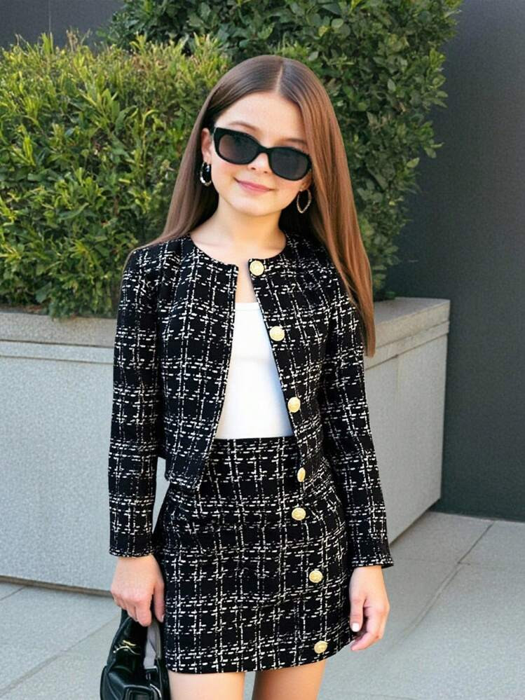 SHEIN Tween Girls 2pcs/Set Urban Chic Long Sleeve Jacket & Bodycon Skirt Outfit, From NOVA Store,Graduation Dress | SHEIN