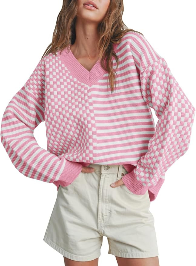 Saodimallsu Womens Checkered Striped Sweater V Neck Long Sleeve Fall Trendy Loose Knit Cozy Pullo... | Amazon (US)