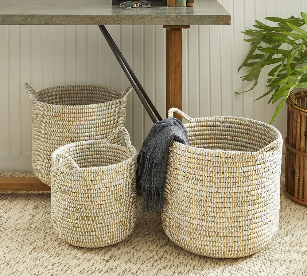 Dahlia White Rivergrass Handled Baskets, Set of 3 | Pottery Barn (US)