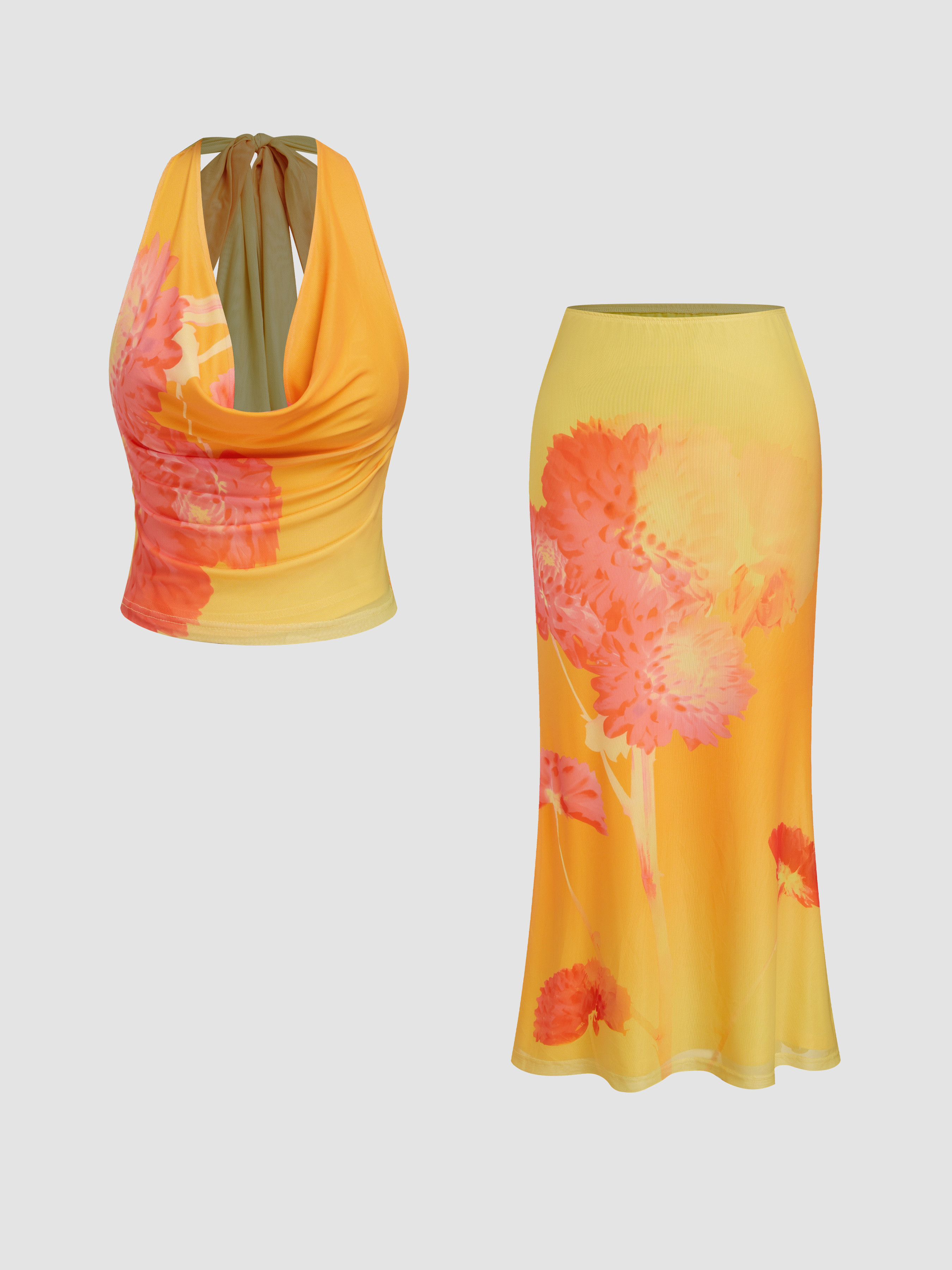 Mesh Mesh Halter Cowl Neck Floral Shirred Top & Mid Rise Midi Skirt Set For Daily Casual | Cider