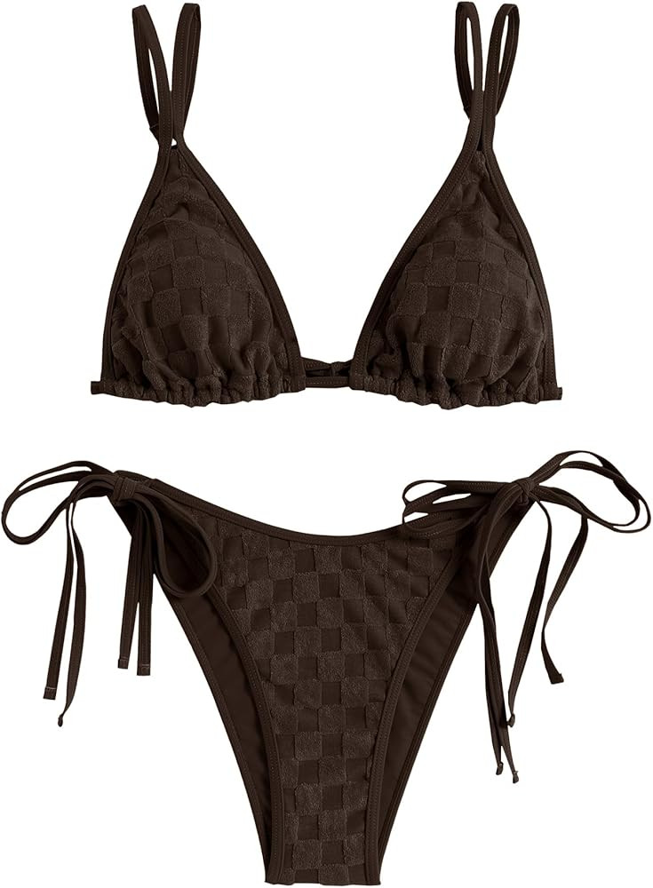 ZAFUL Bathing Suit Bikini Set - Checkered Swimwear Tie Side High Cut Thong Triangle Two Piece Swi... | Amazon (US)