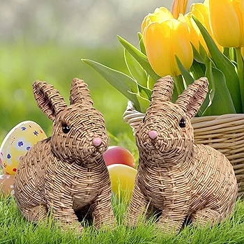 Hodao Set of 2 Woven Easter Bunny Figurines - 4.8" Tall White Rabbit Resin Sculptures with Handcr... | Amazon (US)