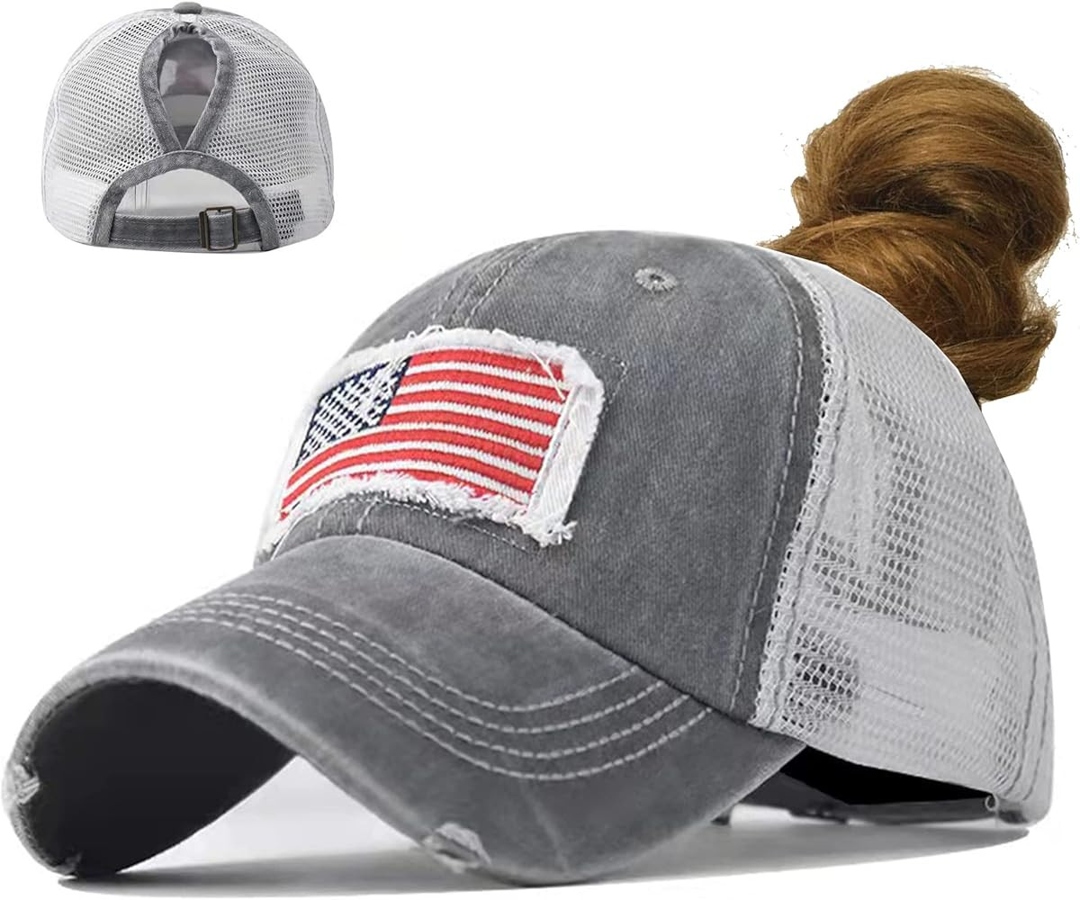 Womens Ponytail-Mesh-Back Baseball-Caps American-Flag Sun-Visor Distressed-Washed-Cotton Dad-Hat | Amazon (US)