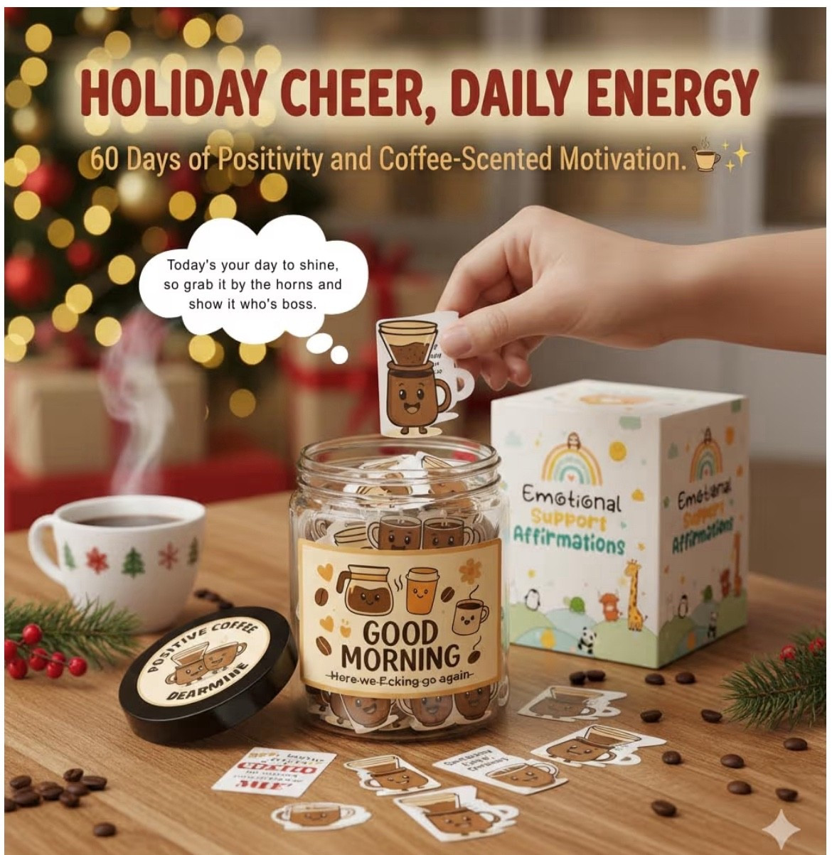 Positive Coffee Affirmation Jar ☕✨ The Cutest Little Pick-Me-Up Gift

This coffee-themed affirmation jar is the sweetest daily boost — 60 mini cards filled with positivity, humor, and caffeine-powered motivation. Each little coffee character delivers an encouraging message, making it the perfect mood-brightening gift for friends, coworkers, teachers, moms, or anyone who could use a little emotional support latte. Such an easy, under-$15 stocking stuffer that adds joy to every morning!

: coffee lover gifts, stocking stuffers, gifts under $15, affirmation cards, positive mindset gifts, office desk gifts, teacher gifts, best friend gifts, emotional support coffee, Amazon gift ideas, holiday cheer gifts, daily motivation jar, cute gift ideas, coworker Christmas gifts

#LTKFindsUnder50 #LTKHoliday #LTKGiftGuide