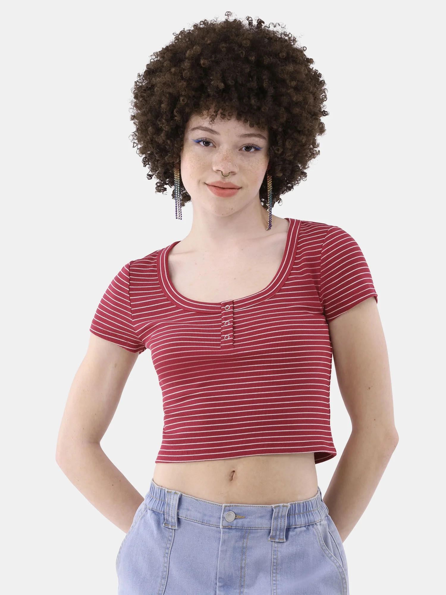 No Boundaries Henley Scoop Neck Top, Women’s and Women’s Plus | Walmart (US)