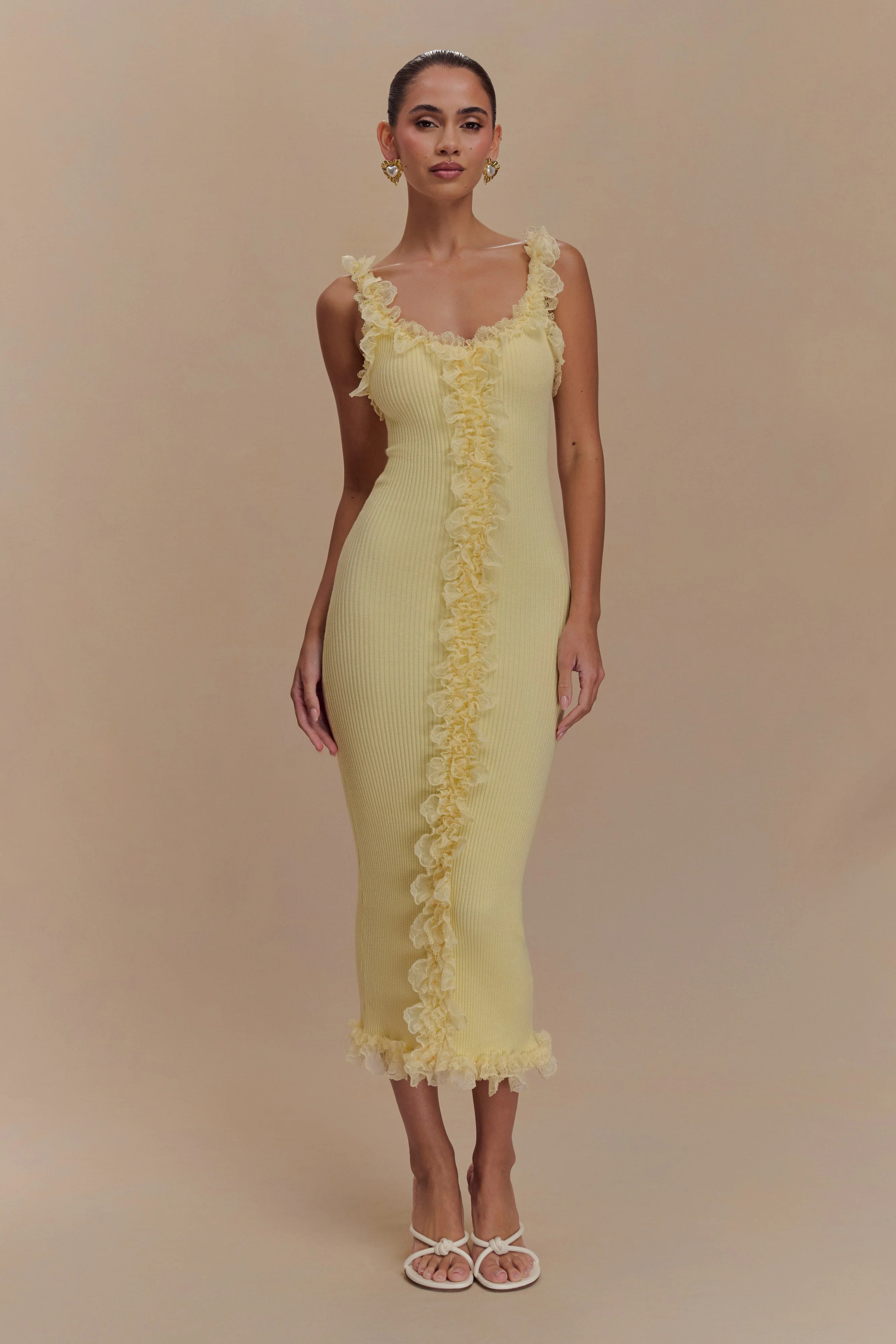 Shay Lace Ruffle Knit Midi Dress - Lemon | MESHKI US