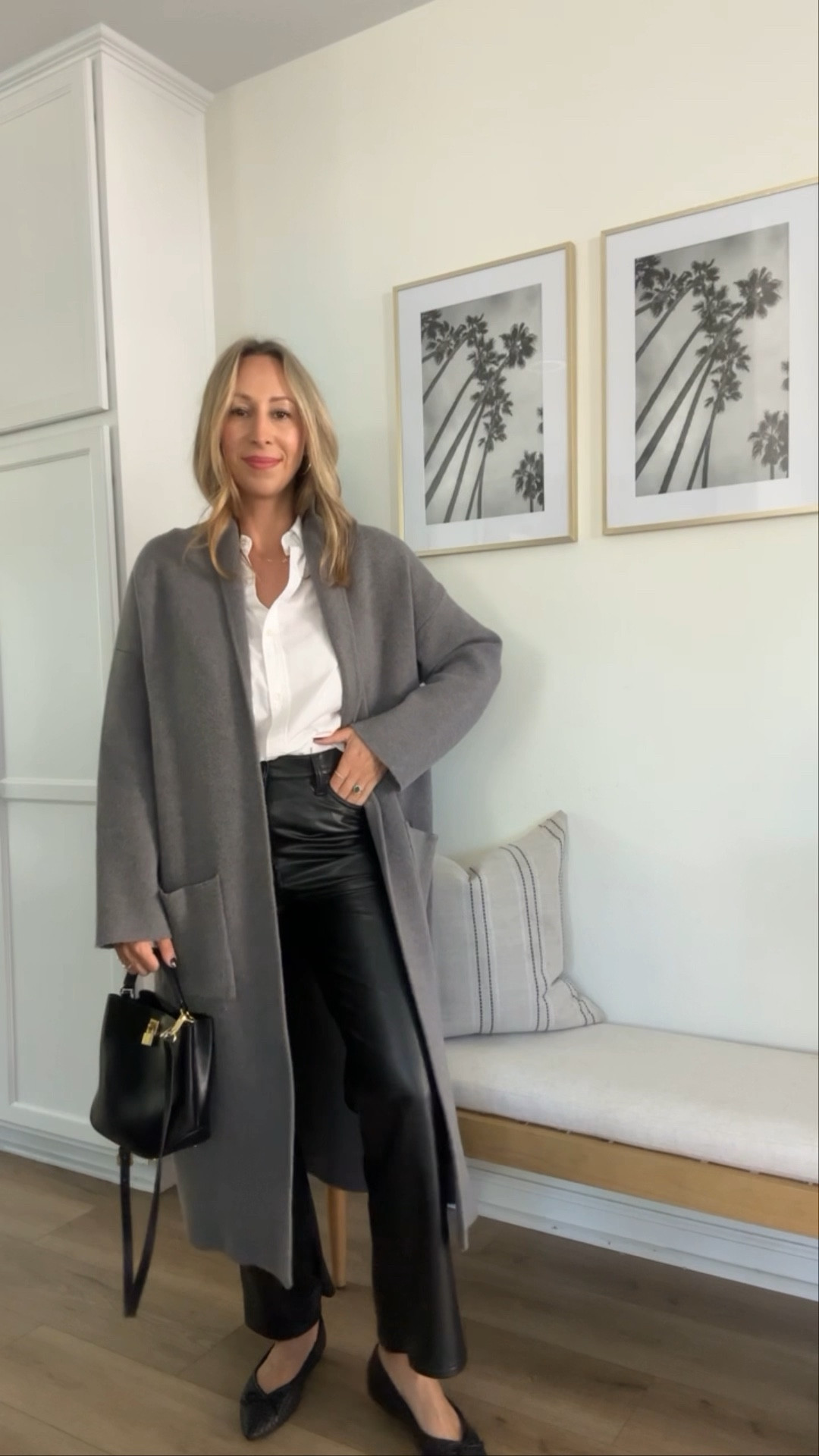 Best faux leather pants chambray style cardigan easy casual fall outfit work style loafers 