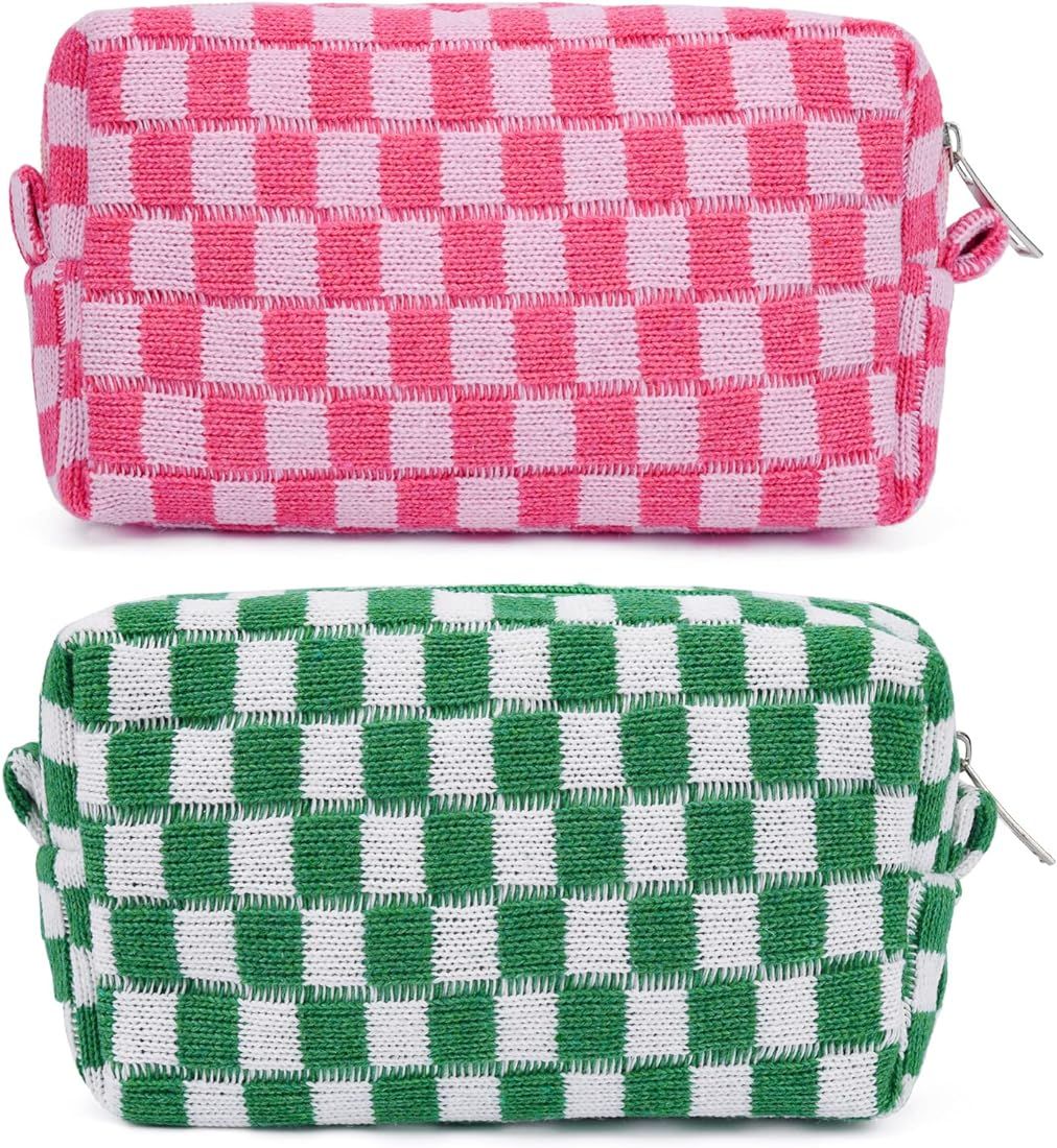 2 Pieces Makeup Bag Checkered Cosmetic Bag Pink Green Makeup Pouch Travel Toiletry Bag Organizer ... | Amazon (US)