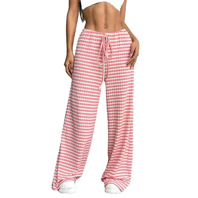 Womens Ribbed Knit Sweatpants Wide Leg Striped Pants with Drastring Detail Comfy Cotton Blend Lounge Pants Knit Pants,Pink White - 2XL | Target