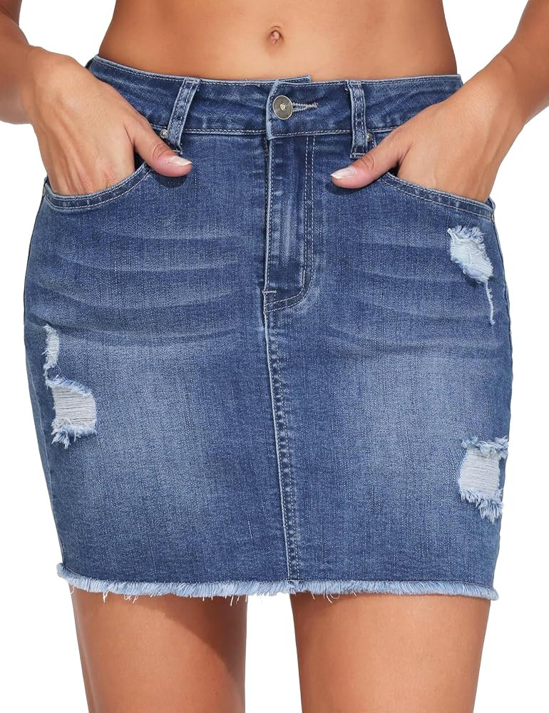 Origiwish Womens Ripped Denim Mini Skirts Stretch Jean Skirt with Pockets | Amazon (US)