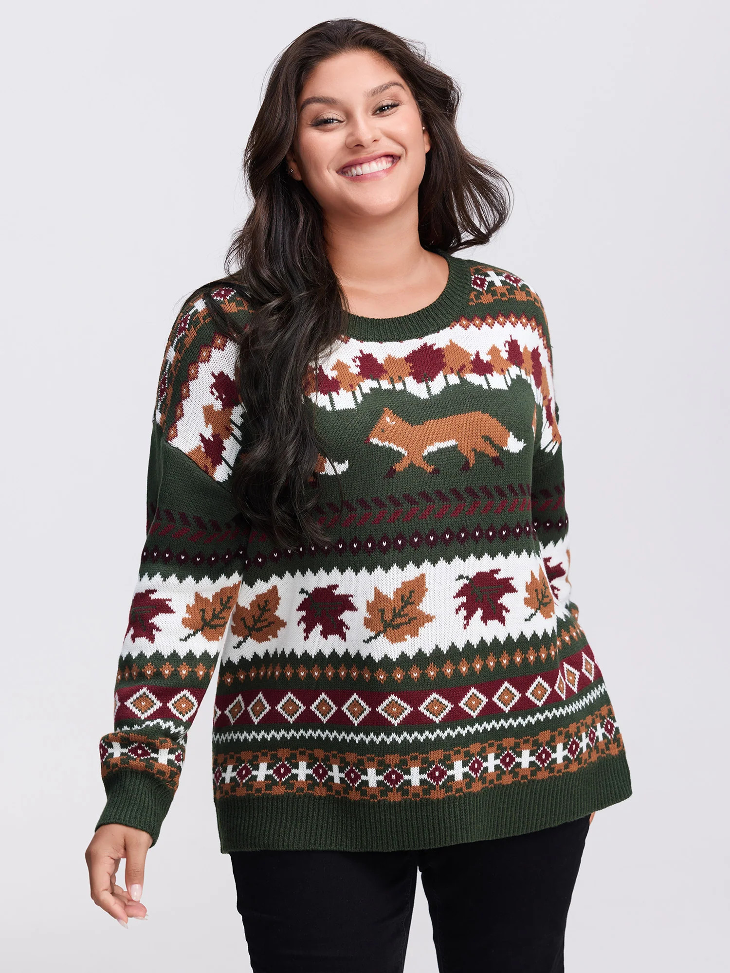 Forest Pattern Jacquard Round Neck Pullover | Bloomchic