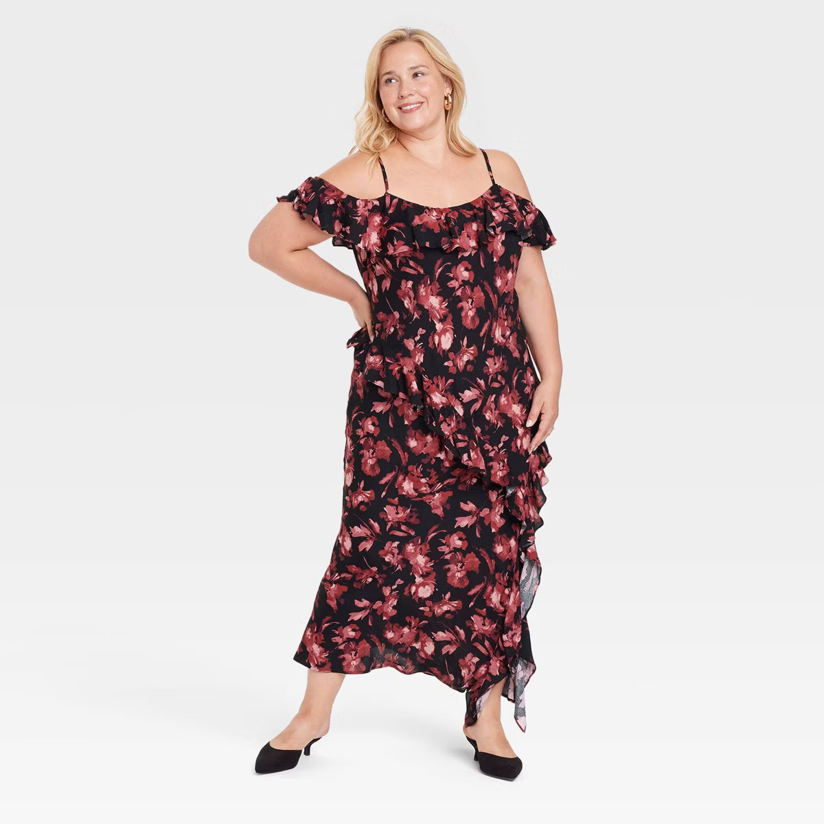 Women's Cold Shoulder Midi Dress - A New Day™ Black/Red Floral | Target
