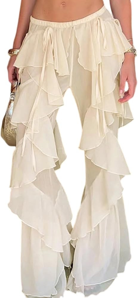 Women Boho Ruffle Mesh Sheer Pants Sexy Flare Beach Cover Up Pants | Amazon (US)