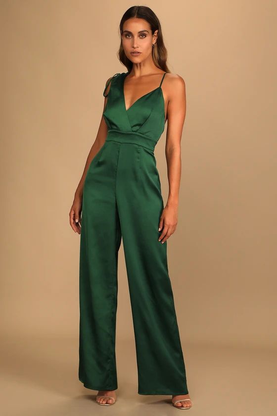 Look of Luxe Emerald Green Satin Asymmetrical Wide-Leg Jumpsuit | Lulus (US)