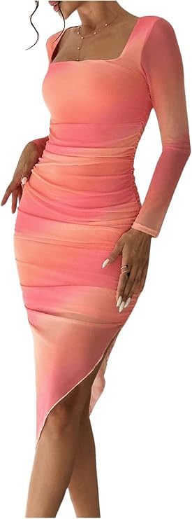GORGLITTER Women's Ruched Mesh Midi Dress Long Sleeve Bodycon Tie Dye Square Neck Dresses | Amazon (US)