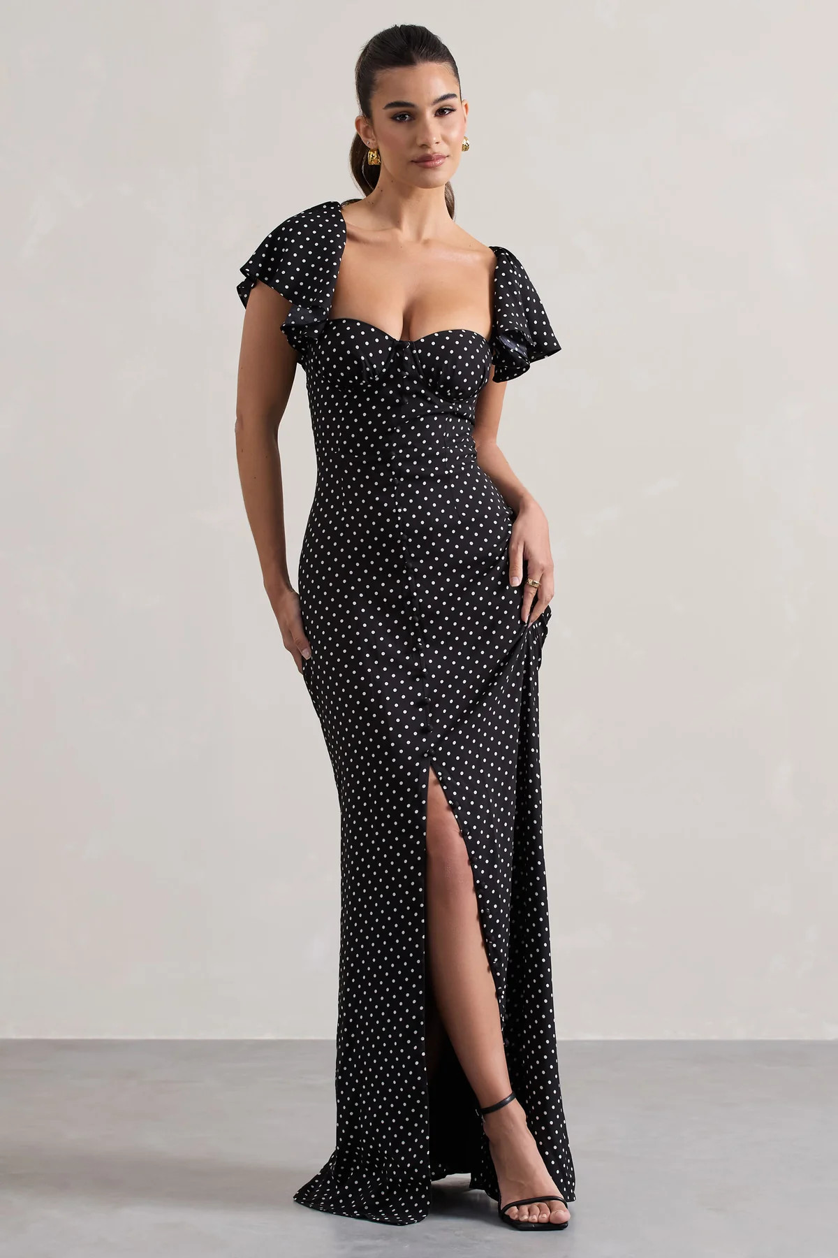 Signorina | Black Polka Dot Buttoned Maxi Dress With Flounced Short Sleeves | Club L London