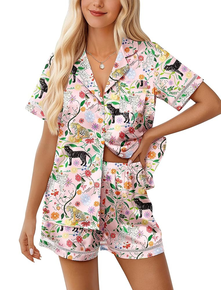Ekouaer Womens Silk Pajama Sets Button Up Satin Pjs Short Sleeve 2 Piece Cute Loungewear Notch Co... | Amazon (US)
