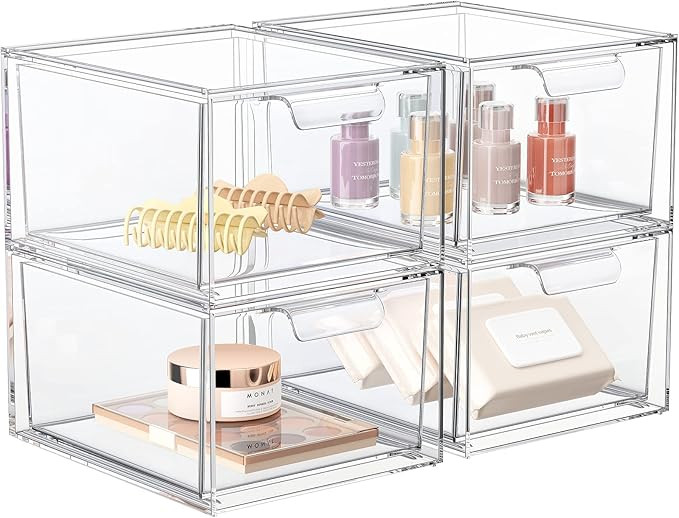 4 Pack Stackable Makeup Organizer and Storage, Acrylic Organizers，Clear Plastic Storage Drawer ... | Amazon (US)