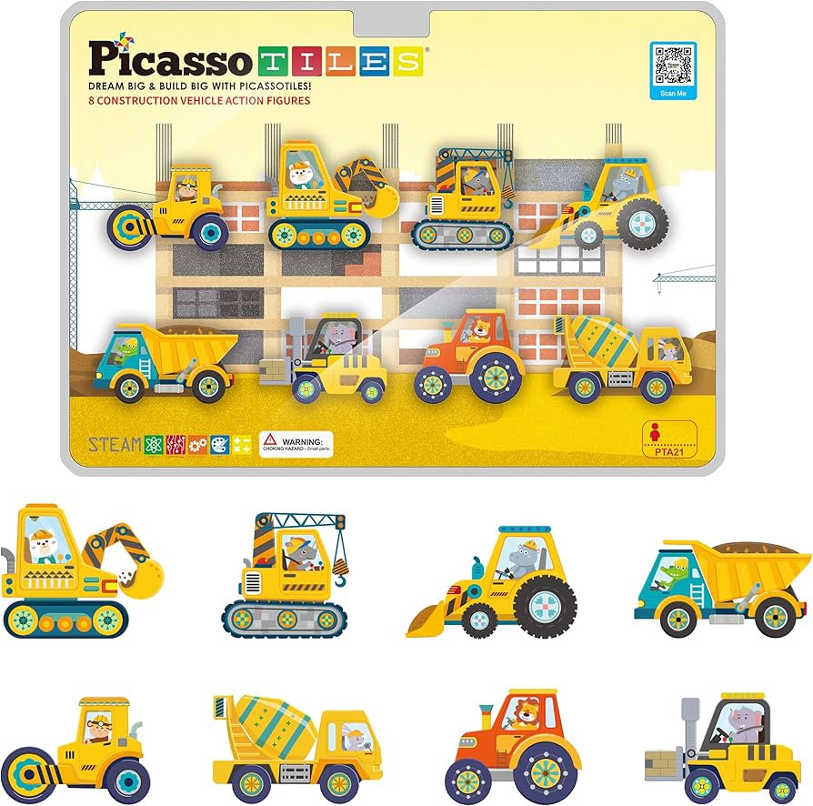 PicassoTiles Magnetic Tile Building Blocks Add On 8 Magnetized Action Figures Construction Vehicl... | Amazon (US)