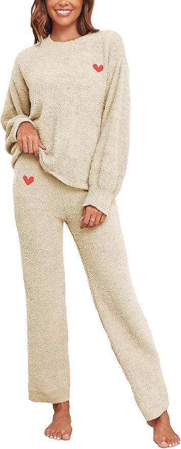 Famulily Womens Cozy Warm Fuzzy Fleece Pjs Sets Cute Heart Embroidery 2 Piece Pajamas Top and Pan... | Amazon (US)