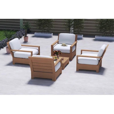 Teakstation Teak Wood Lounge Chair Set: Lounge Chairs & Side Table With Cushions In Outdoor Sunbrella Fabric #5404 Canvas Natural | Wayfair North America