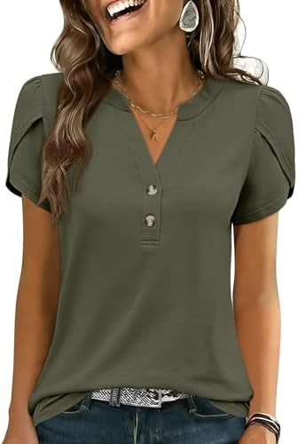 ANRABESS Womens Petal Short Sleeve Henley Shirts Summer 2026 V Neck Dressy Casual Blouses Spring ... | Amazon (US)