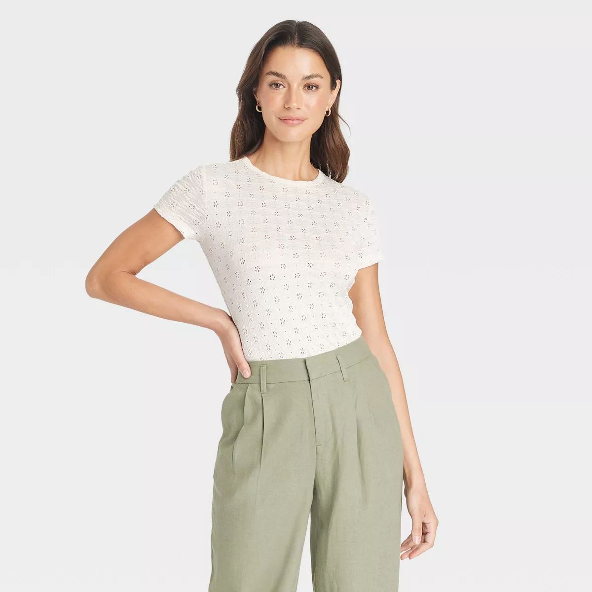 Women's Slim Fit Short Sleeve Lace T-Shirt - A New Day™ Cream XS | Target