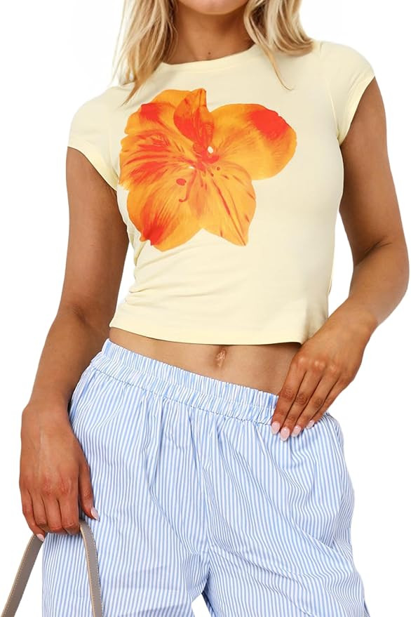 Women's Skinny Graphic Crop Top Flowers Print Short Sleeve Crewneck 80s 90s Vintage Summer Baby T... | Amazon (US)