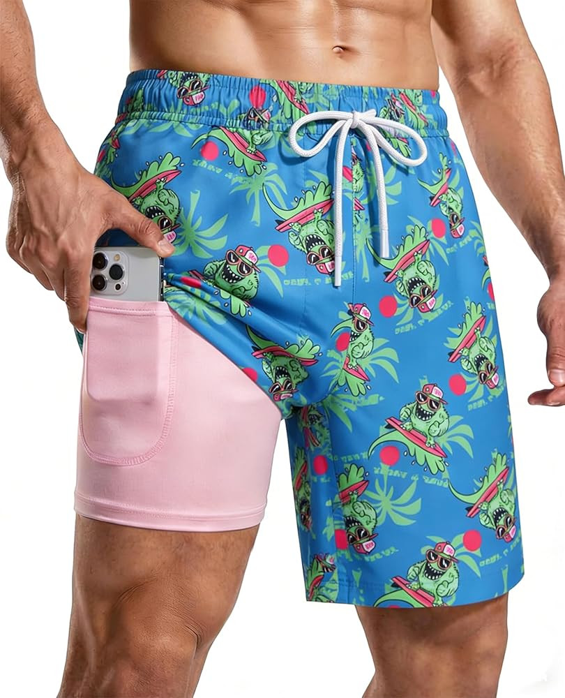 Mens 7 Inch Swim Trunks with Compression Liner and Zipped Pocket Quick Dry Board Shorts Bathing S... | Amazon (US)