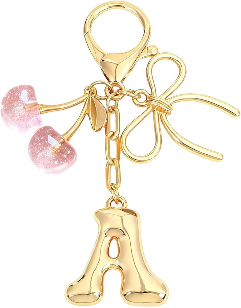 Snycler Bubble Initial Keychain with Bow & Cherry - Gold Letter Bag Charms for Women, Cute Purse ... | Amazon (US)