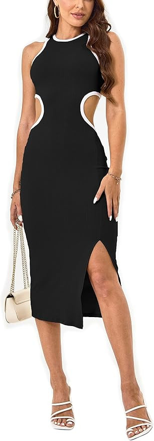 NauLon Womens Sexy Cut Out Waist Open Back Bodycon Dress Ankle Length Ribbed Party Club Midi Mini... | Amazon (US)