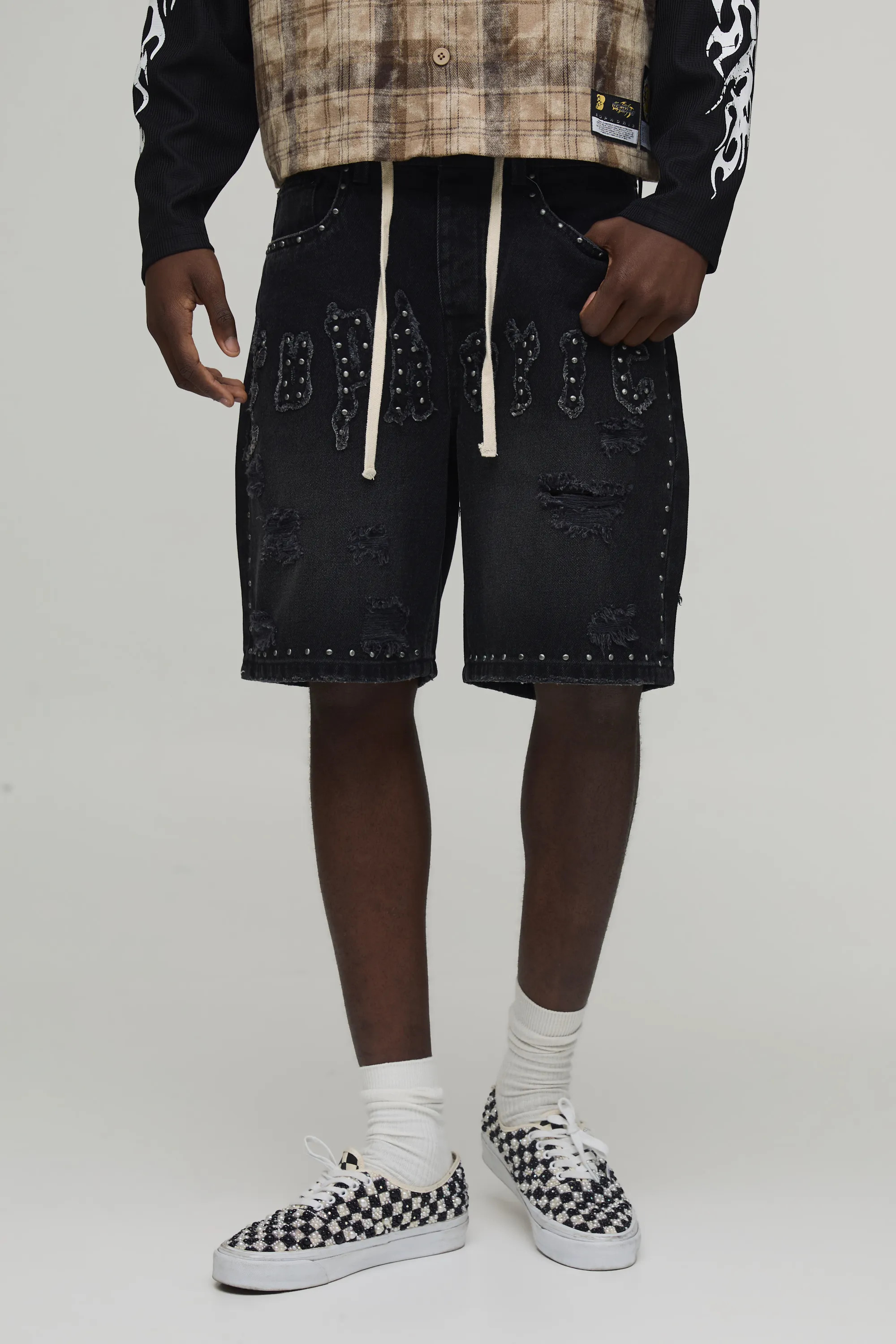 Washed Black Crotch Applique Embellished Denim Shorts | BOOHOOMAN USA | boohooMAN (US & Canada)