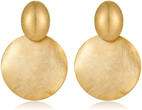 FAMARINE Big Disc Drop Earrings Gold Dangle Earrings Round Hammered Earrings Women | Amazon (US)