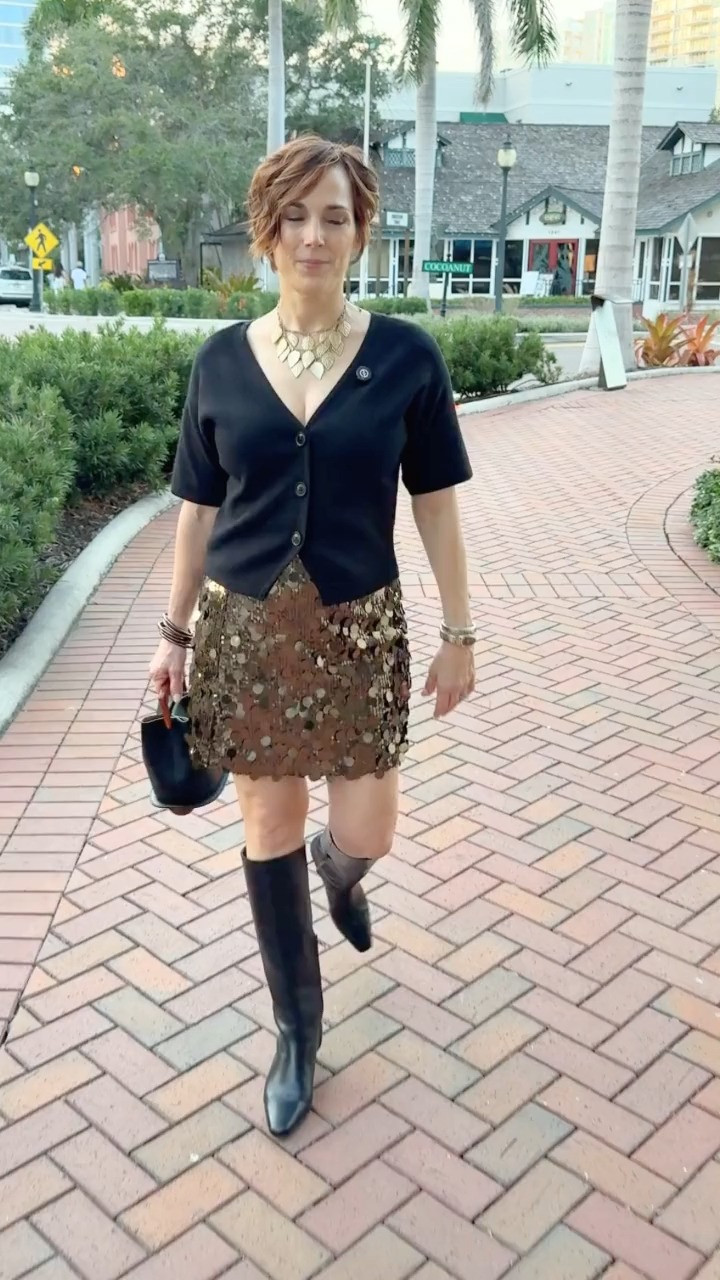This look is all about letting one standout piece do the work.

This sequin mini instantly elevates the whole outfit, so I kept the rest clean and simple — a black knit top, tall boots, and a structured bag. Easy, modern, and polished without trying too hard.

Why it works:
– The skirt adds shine + movement
– The black top keeps the focus on the texture
– Tall boots streamline the leg line

Pro Styling Tip:

Pick one piece to be the star of your outfit — everything else should support it.

NOTE: Bag by Verano Hill. 

 #LTKootd #LTKSeasonal #LTKOver40