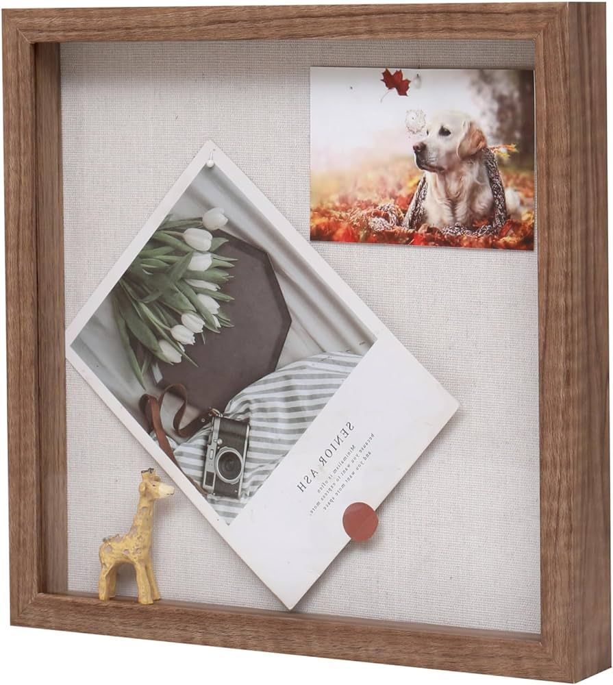 Muzilife 8x8 Shadow Box Picture Frame with Linen Board - Deep Wood & Glass Display Rustic Case Ready to Hang Memorabilia, Pins, Awards, Medals, Wedding, Tickets, and Photos, Carbonized Small | Amazon (US)