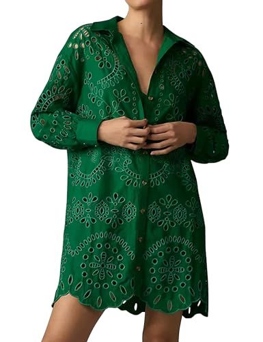 Women Eyelet Embroidery Shirt Dress Button Down Casual Loose Long Sleeve Hollow Out Mini Dress Tu... | Amazon (US)