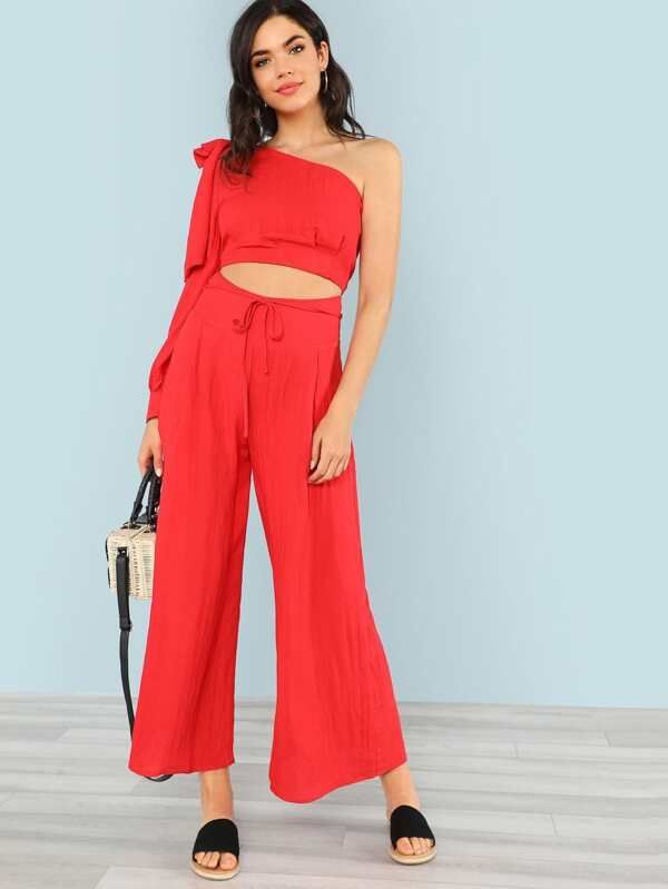 One Shoulder Crop Top with Bow and Matching Wide Leg Pants RED | SHEIN