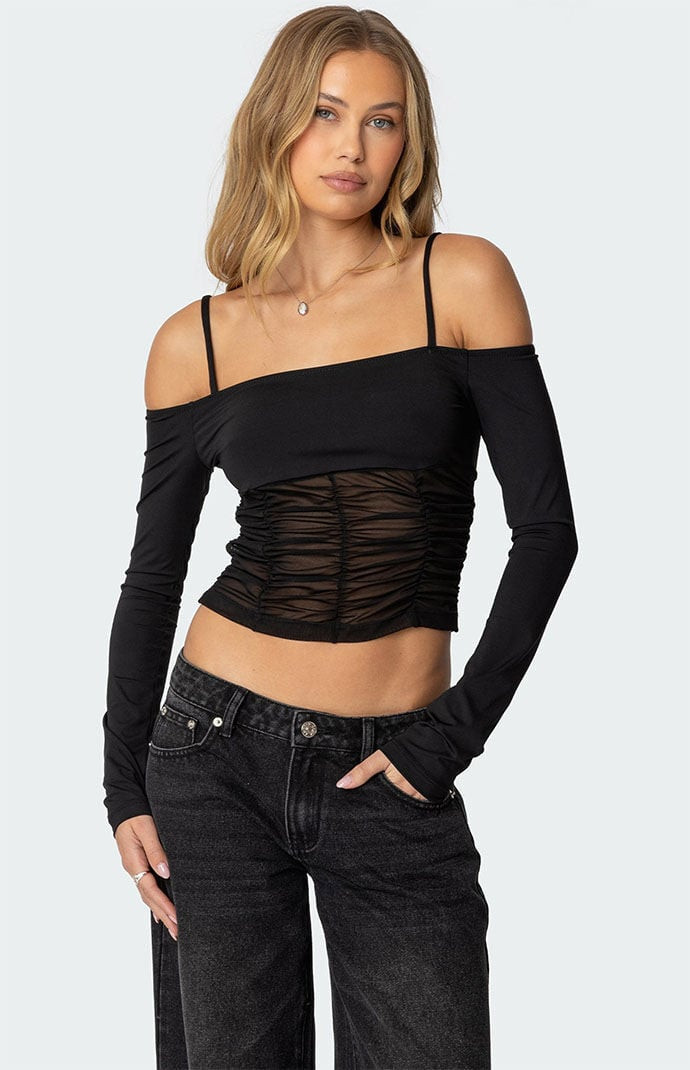 Edikted Women's Susie Off Shoulder Mesh Top in Black - Size XS | PacSun