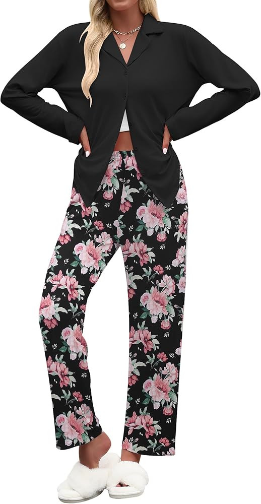 Ekouaer Women's Pajamas Sets Button Down Long Sleeve Lounge Sets Soft 2 Piece Pants Sleepwear | Amazon (US)