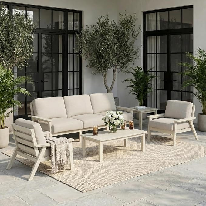 HDPE 7 Piece Patio Furniture Set, Outdoor Couch with Washable Thick Beige Cushions & Coffee Table... | Amazon (US)