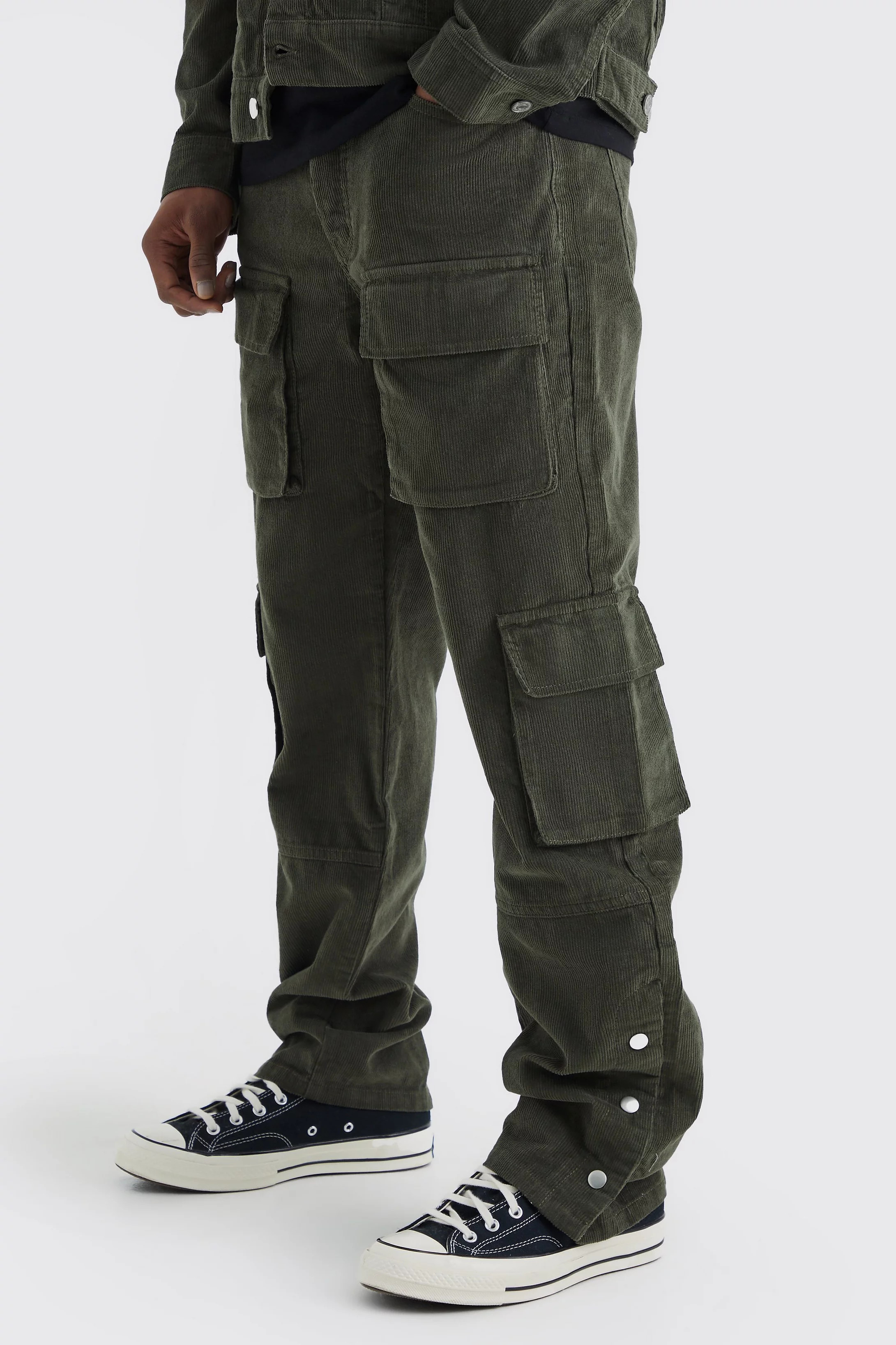 Fixed Waist Relaxed Multi Cargo Popper Hem Cord Pants | boohooMAN (US & Canada)