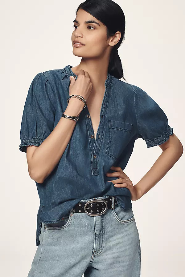The Aly Denim Puff-Sleeve Blouse by Pilcro | Anthropologie (US)
