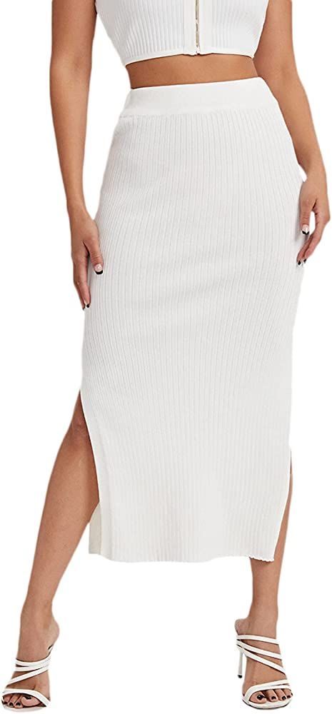 SweatyRocks Women's Casual High Waist Solid Split Side Rib Knit Midi Skirt White M at Amazon Wome... | Amazon (US)
