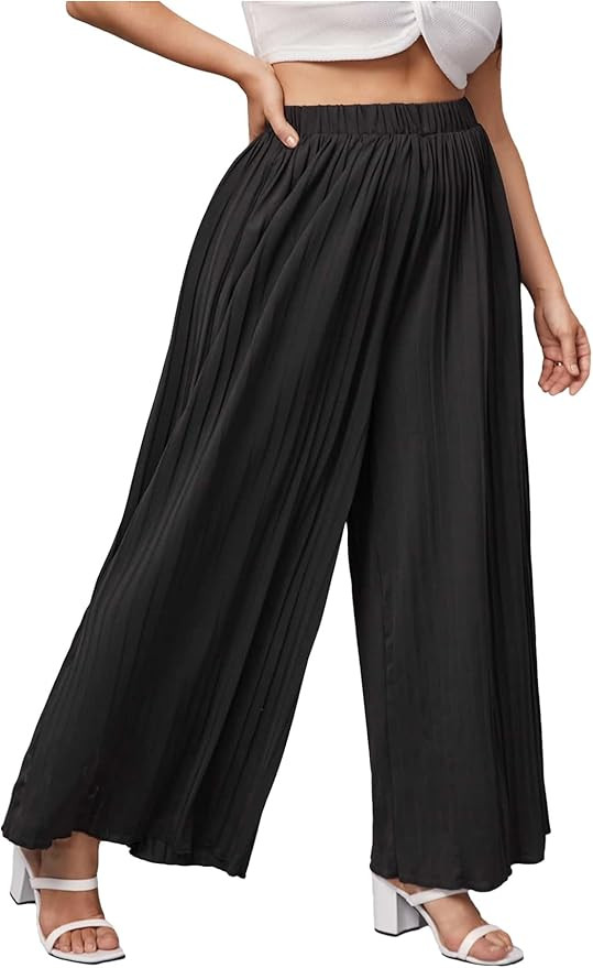 WDIRARA Women's Plus Size Pleated Elastic Waist Wide Leg Casual Long Pants | Amazon (US)
